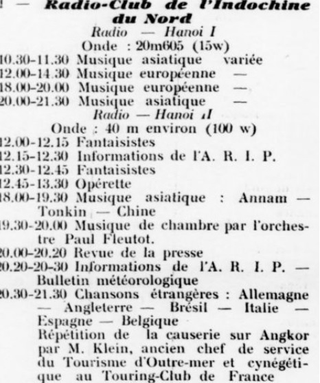 Programmes des stations du radio-Club de l'Indochine du Nord
